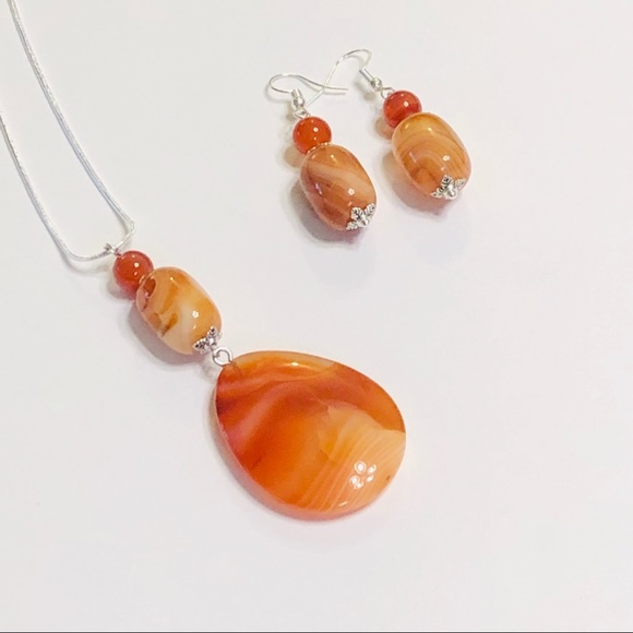 JK Designs Jewelry - Orange Carnelian Botswana Agate Necklace Earrings
